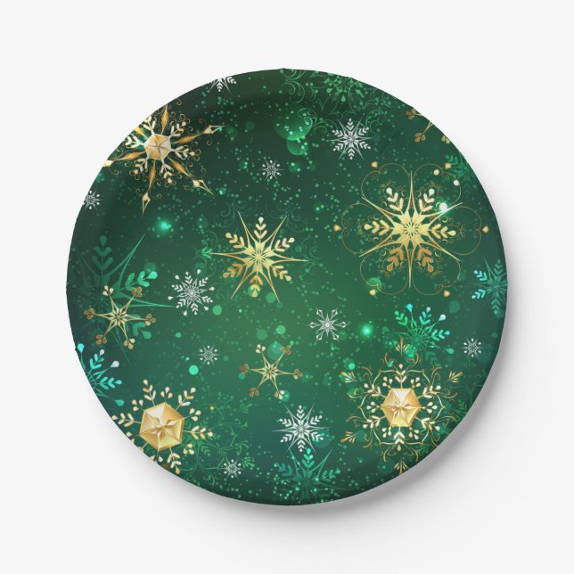 Xmas Golden Snowflakes on Green Background Paper Plate (Front)