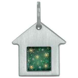 Xmas Golden Snowflakes on Green Background Pet ID Tag