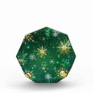 Xmas Golden Snowflakes on Green Background Photo Block