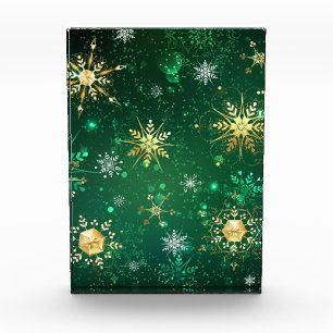 Xmas Golden Snowflakes on Green Background Photo Block