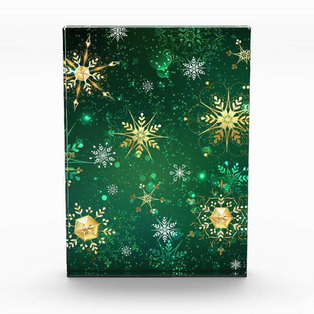Xmas Golden Snowflakes on Green Background Photo Block (Front)