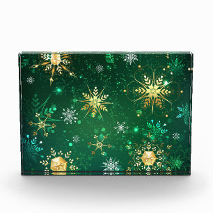Xmas Golden Snowflakes on Green Background Photo Block
