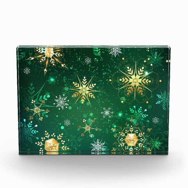 Xmas Golden Snowflakes on Green Background Photo Block (Front)