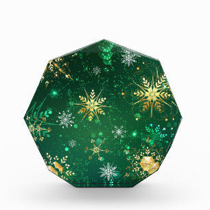 Xmas Golden Snowflakes on Green Background Photo Block
