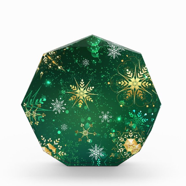 Xmas Golden Snowflakes on Green Background Photo Block (Front)