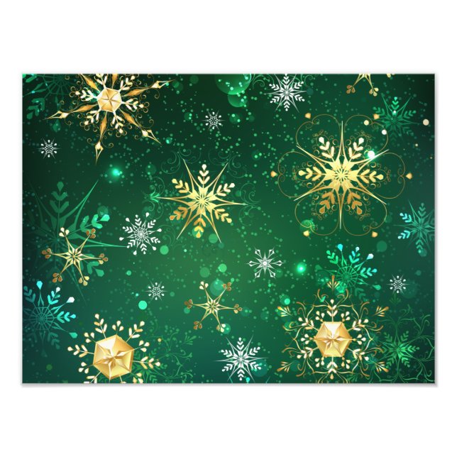 Xmas Golden Snowflakes on Green Background Photo Print (Front)