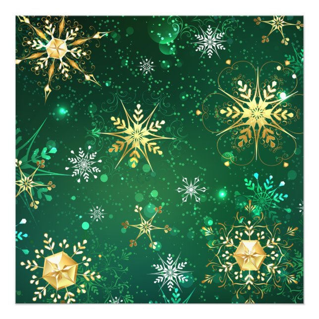 Xmas Golden Snowflakes on Green Background Photo Print (Front)