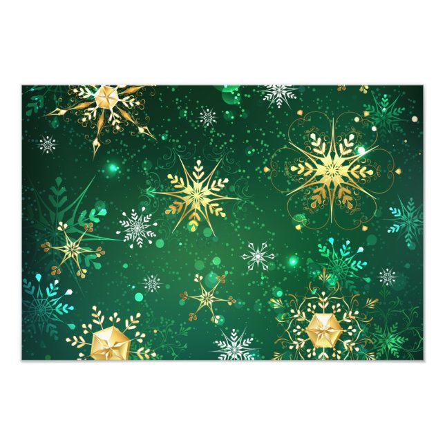 Xmas Golden Snowflakes on Green Background Photo Print (Front)