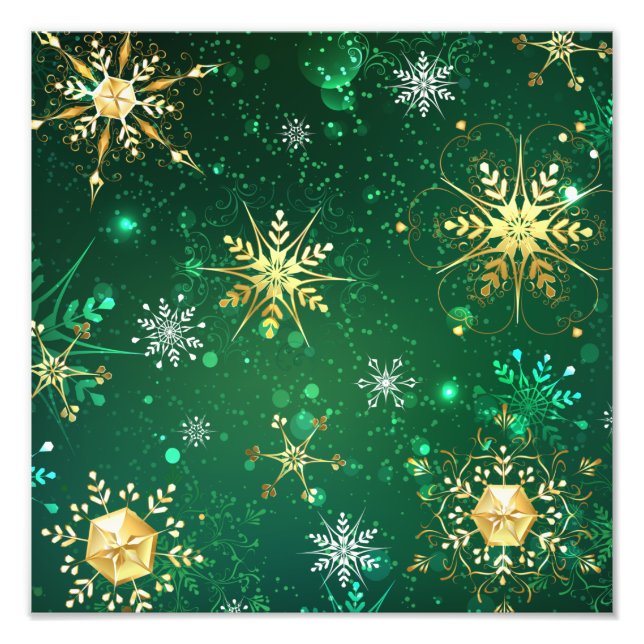 Xmas Golden Snowflakes on Green Background Photo Print (Front)