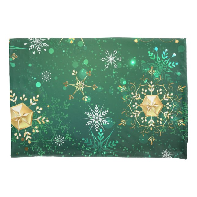 Xmas Golden Snowflakes on Green Background Pillowcase (Front-Left)