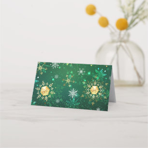 Xmas Golden Snowflakes on Green Background Place Card