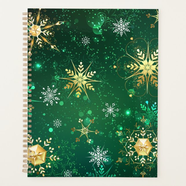 Xmas Golden Snowflakes on Green Background Planner (Front)