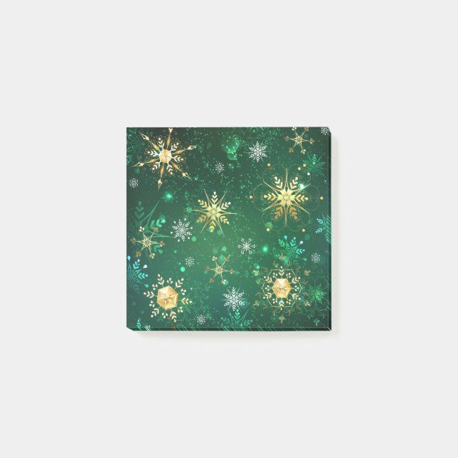 Xmas Golden Snowflakes on Green Background Post-it Notes (Front)