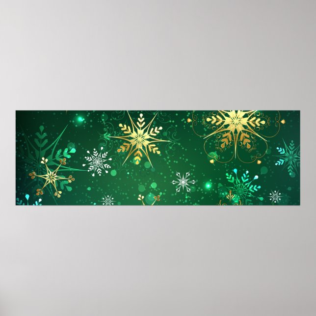 Xmas Golden Snowflakes on Green Background Poster (Front)