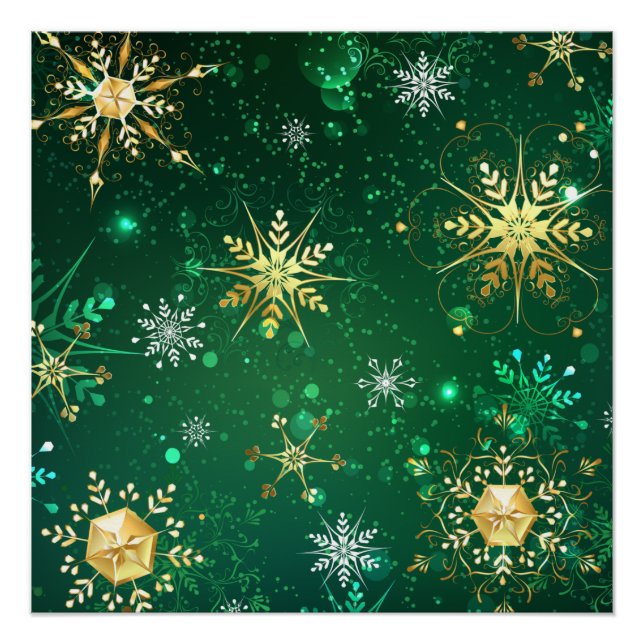 Xmas Golden Snowflakes on Green Background Poster (Front)
