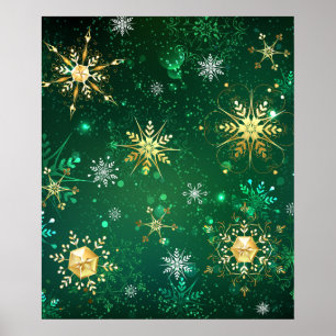 Xmas Golden Snowflakes on Green Background Poster