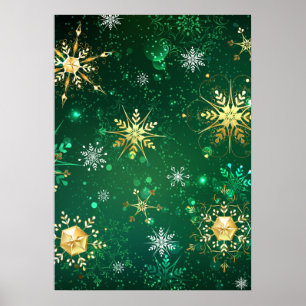 Xmas Golden Snowflakes on Green Background Poster