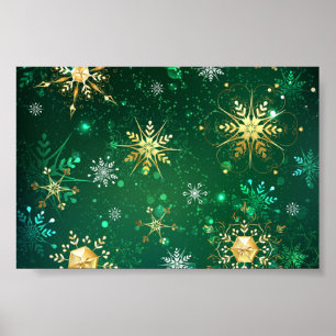 Xmas Golden Snowflakes on Green Background Poster