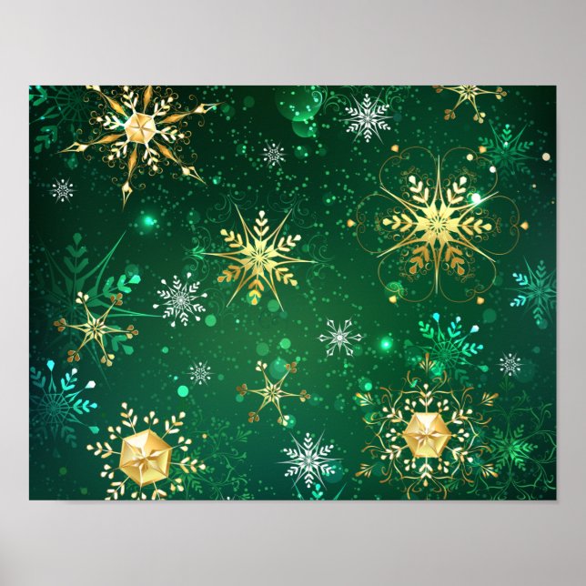 Xmas Golden Snowflakes on Green Background Poster (Front)