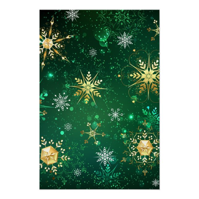 Xmas Golden Snowflakes on Green Background Poster (Front)