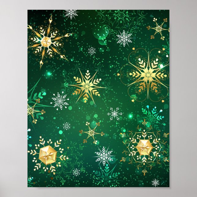 Xmas Golden Snowflakes on Green Background Poster (Front)