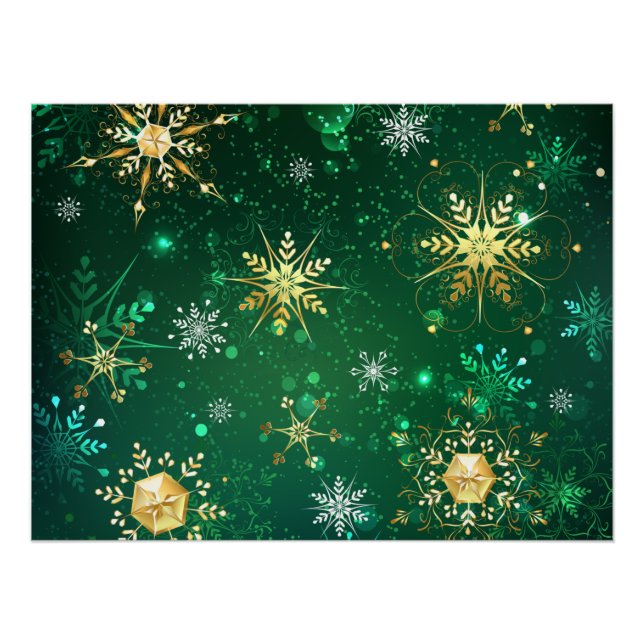 Xmas Golden Snowflakes on Green Background Poster (Front)
