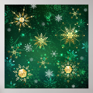 Xmas Golden Snowflakes on Green Background Poster