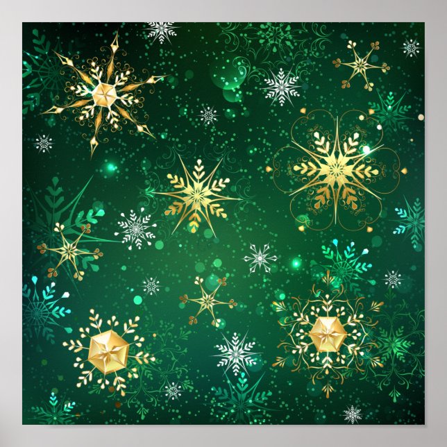 Xmas Golden Snowflakes on Green Background Poster (Front)