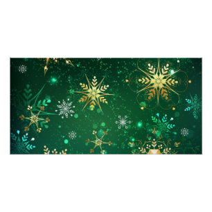 Xmas Golden Snowflakes on Green Background Poster