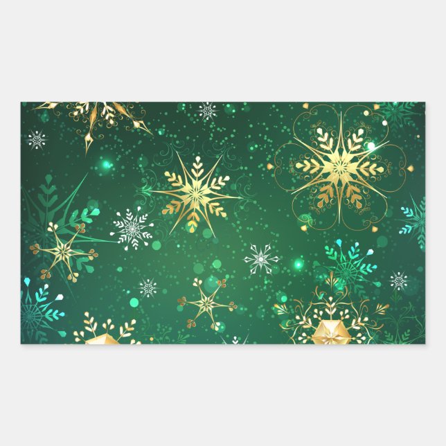 Xmas Golden Snowflakes on Green Background Rectangular Sticker (Front)