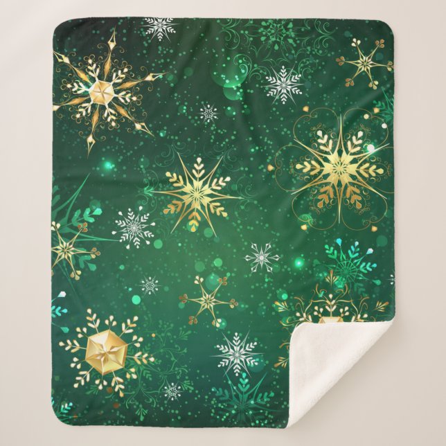 Xmas Golden Snowflakes on Green Background Sherpa Blanket (Front)