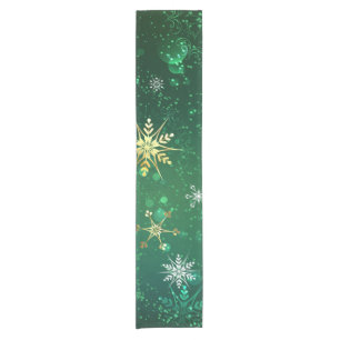 Xmas Golden Snowflakes on Green Background Short Table Runner