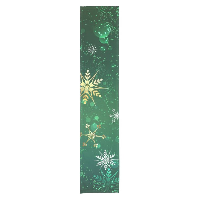Xmas Golden Snowflakes on Green Background Short Table Runner (Front)