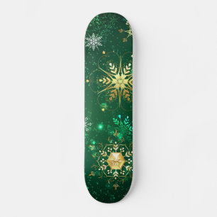 Xmas Golden Snowflakes on Green Background Skateboard