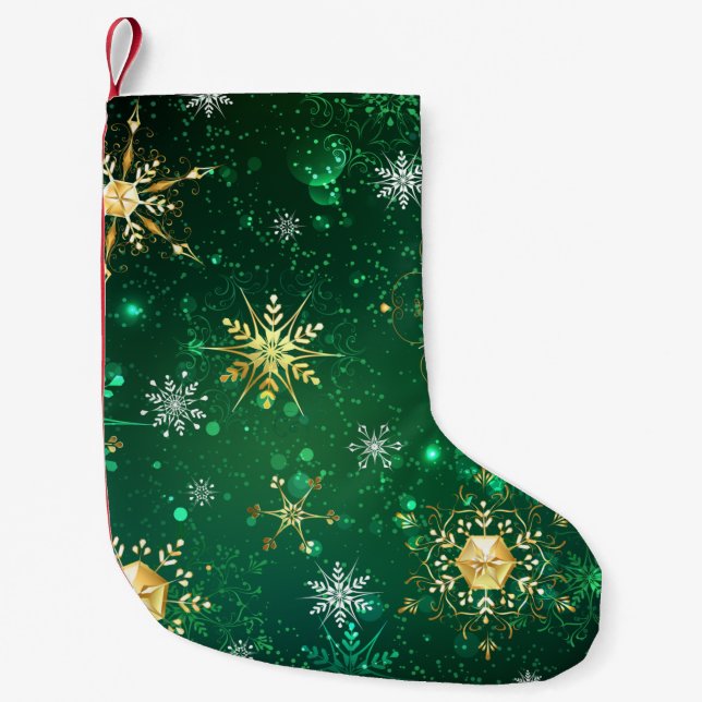 Xmas Golden Snowflakes on Green Background Small Christmas Stocking (Front)
