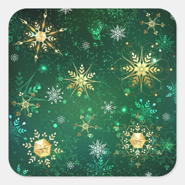 Xmas Golden Snowflakes on Green Background Square Sticker (Front)