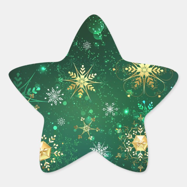 Xmas Golden Snowflakes on Green Background Star Sticker (Front)