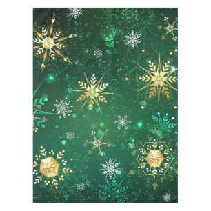 Xmas Golden Snowflakes on Green Background Tablecloth