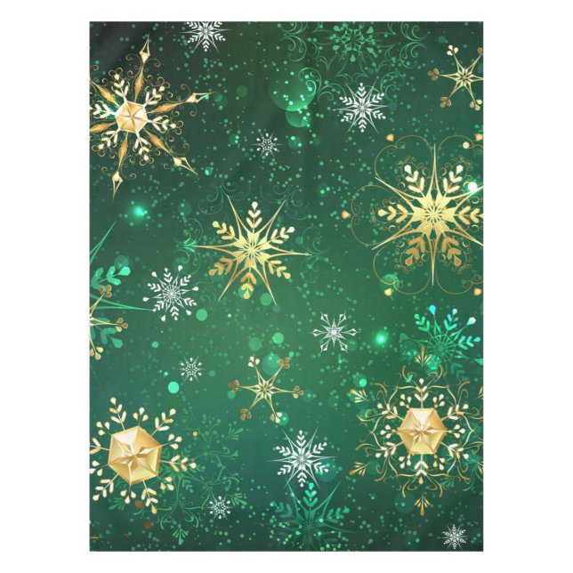 Xmas Golden Snowflakes on Green Background Tablecloth (Front)
