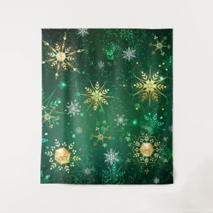 Xmas Golden Snowflakes on Green Background Tapestry