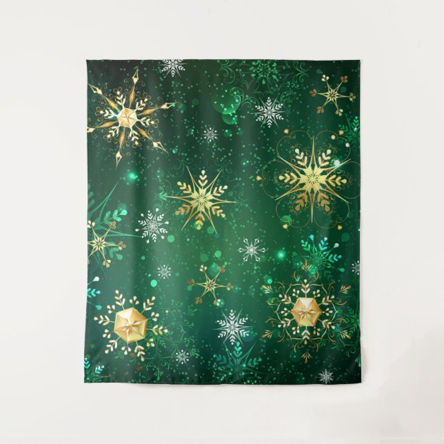 Xmas Golden Snowflakes on Green Background Tapestry (Front)