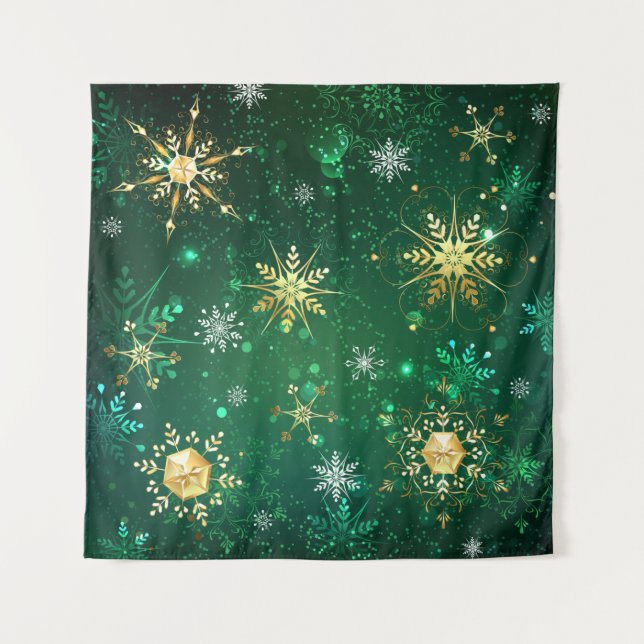 Xmas Golden Snowflakes on Green Background Tapestry (Front)