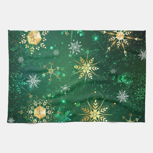 Xmas Golden Snowflakes on Green Background Tea Towel (Horizontal)