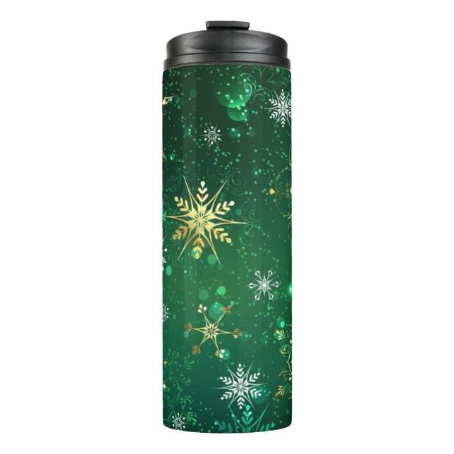 Xmas Golden Snowflakes on Green Background Thermal Tumbler (Front)