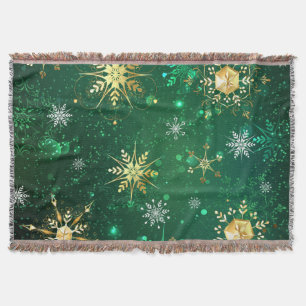 Xmas Golden Snowflakes on Green Background Throw Blanket