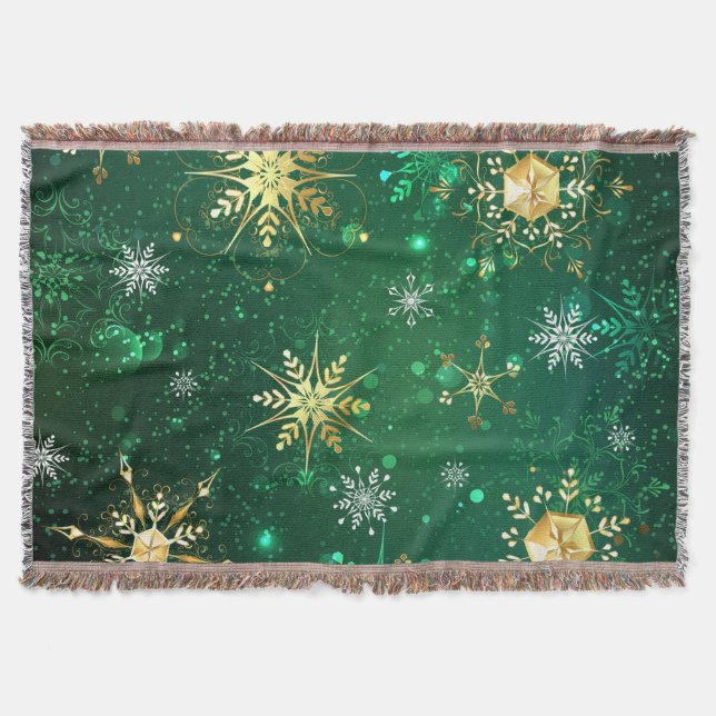 Xmas Golden Snowflakes on Green Background Throw Blanket (Front)