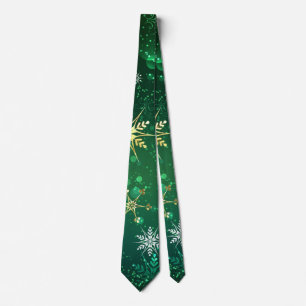 Xmas Golden Snowflakes on Green Background Tie