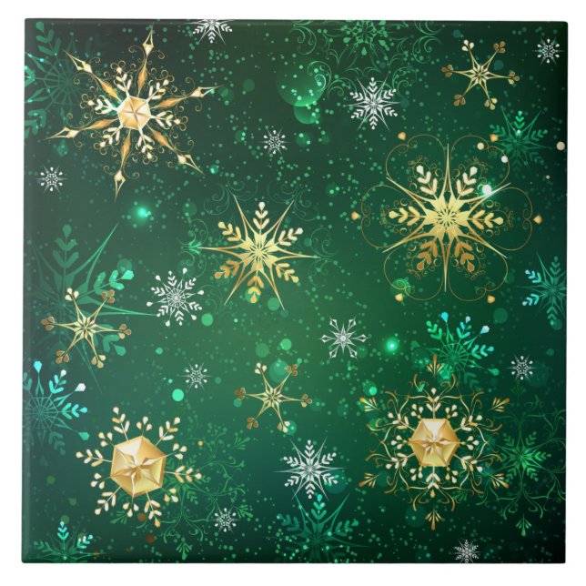 Xmas Golden Snowflakes on Green Background Tile (Front)