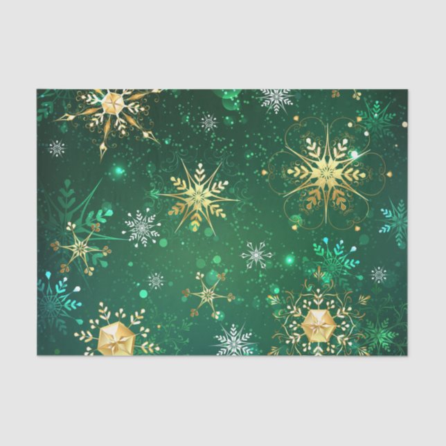 Xmas Golden Snowflakes on Green Background Tissue Paper (Front)