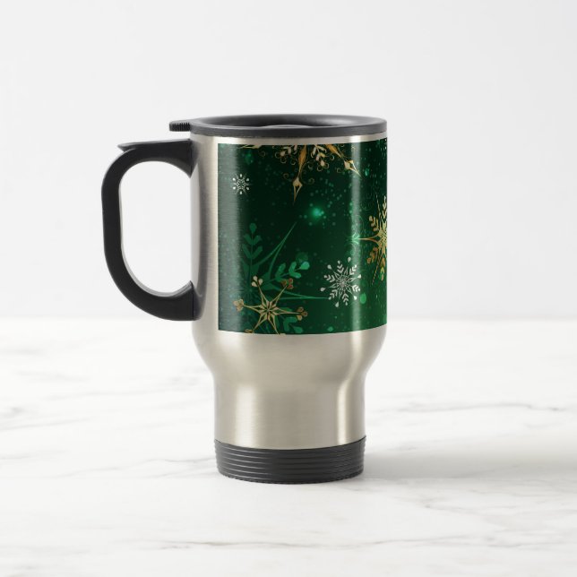 Xmas Golden Snowflakes on Green Background Travel Mug (Left)